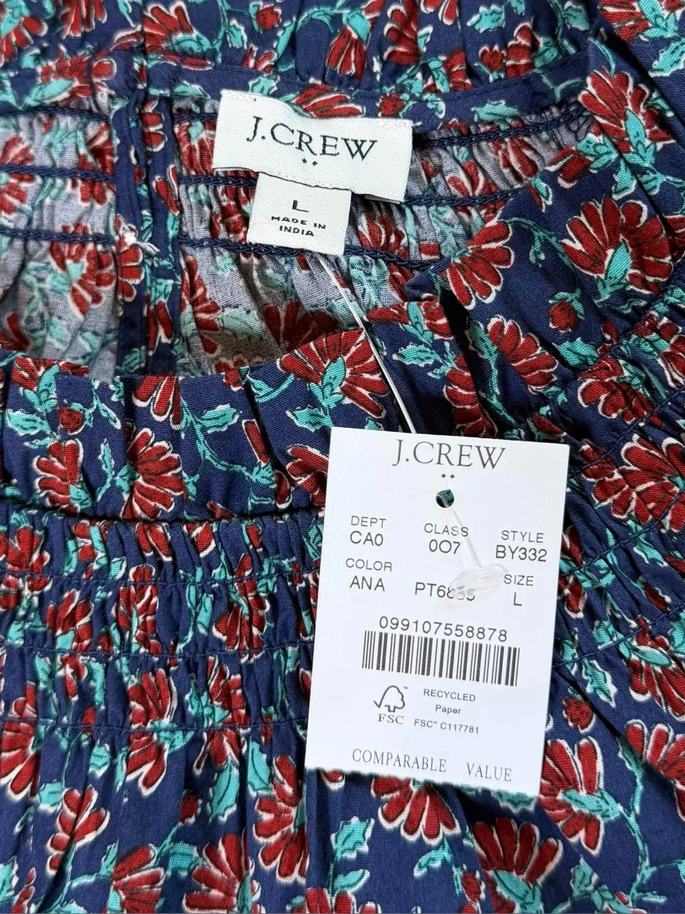 J. Crew | Smocked Neck Blouse | Size L | NWT | Floral Cottage core Feminine Cute